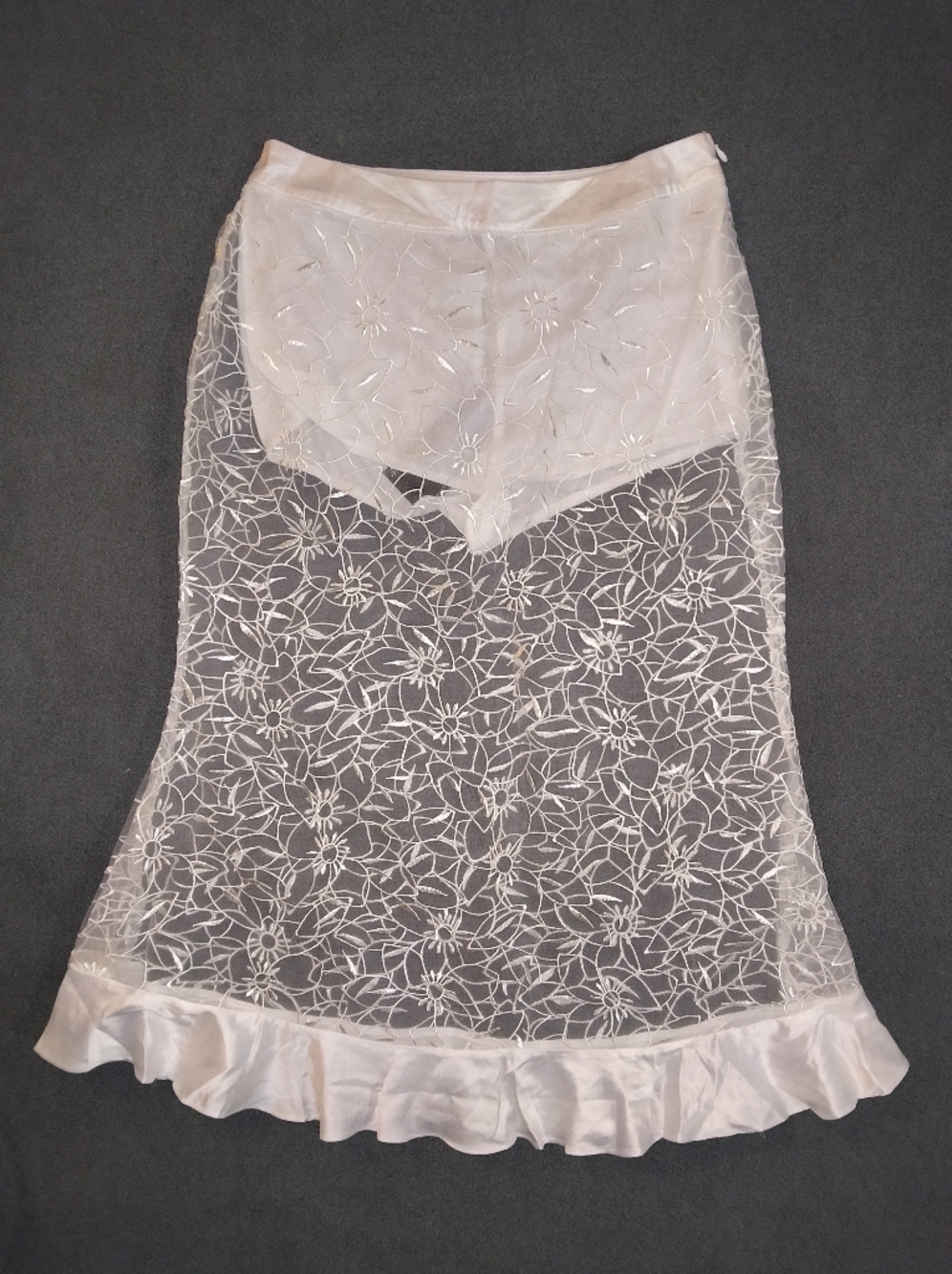 Sheer White Floral Lace Maxi Skirt with Satin Ruffle